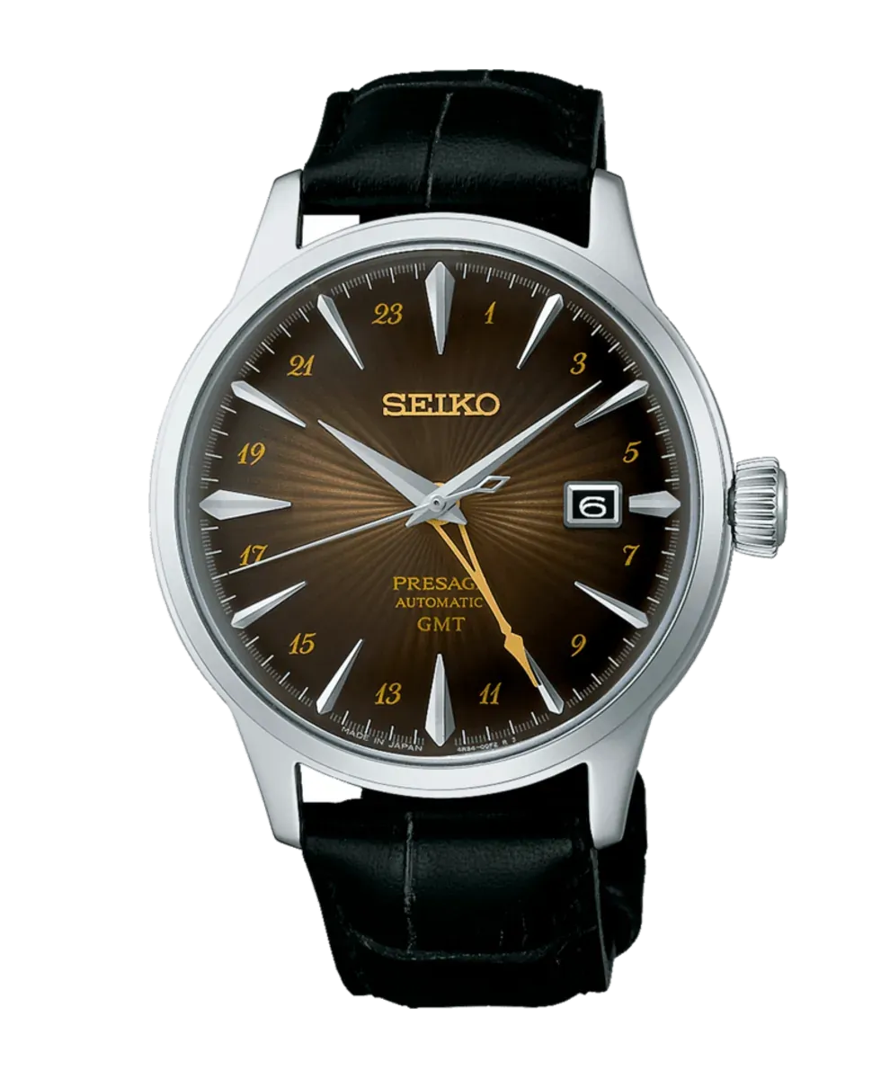 Vista frontal completa del reloj, centrado sobre fondo blanco, con correa de piel negra.
