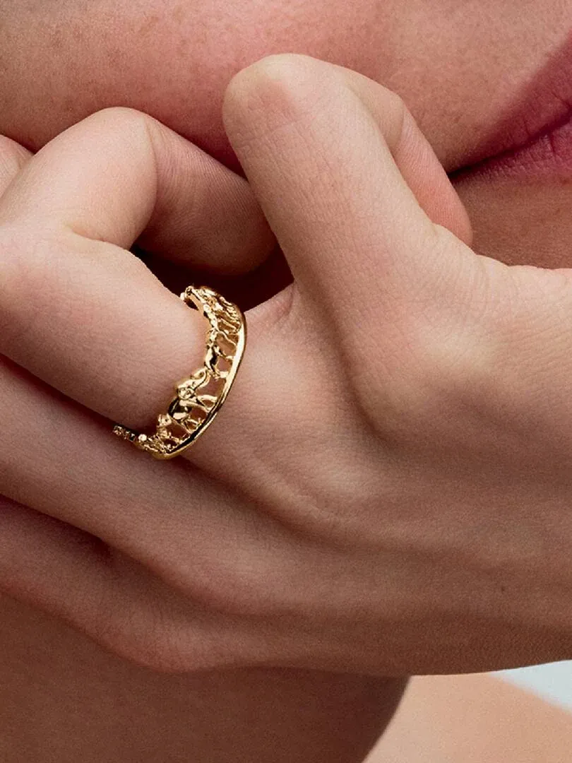 Nahaufnahme des goldenen Rings mit Tierfiguren an einem Finger, Seitenansicht auf der Haut.