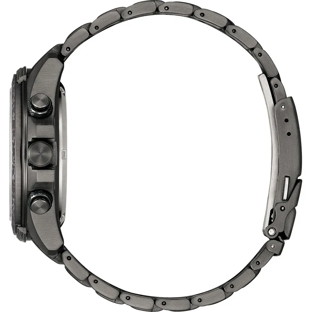 Vue de profil de la montre avec bracelet en acier anthracite sur fond blanc, détail de la couronne et des poussoirs.