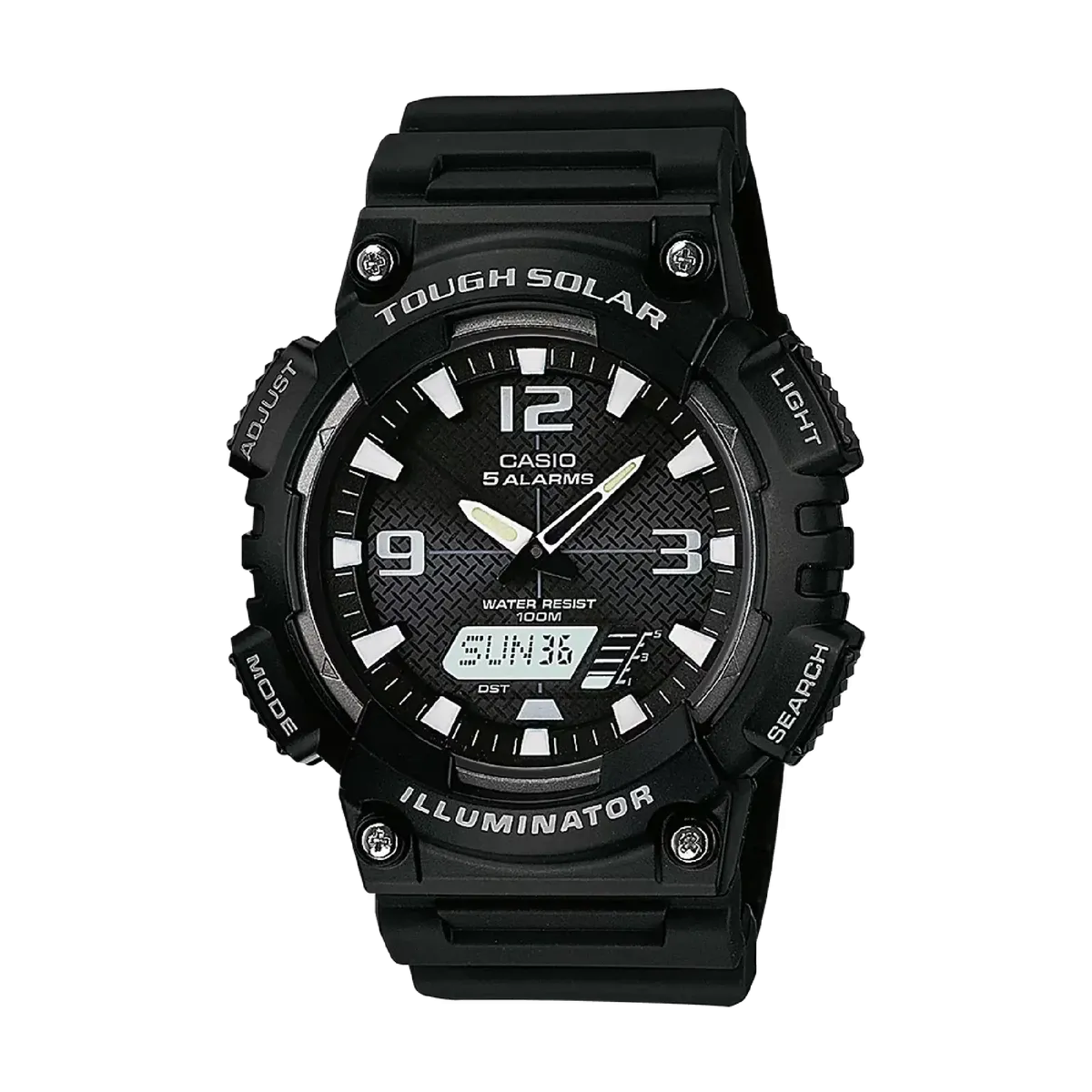 Vista frontal completa de reloj deportivo negro sobre fondo negro.