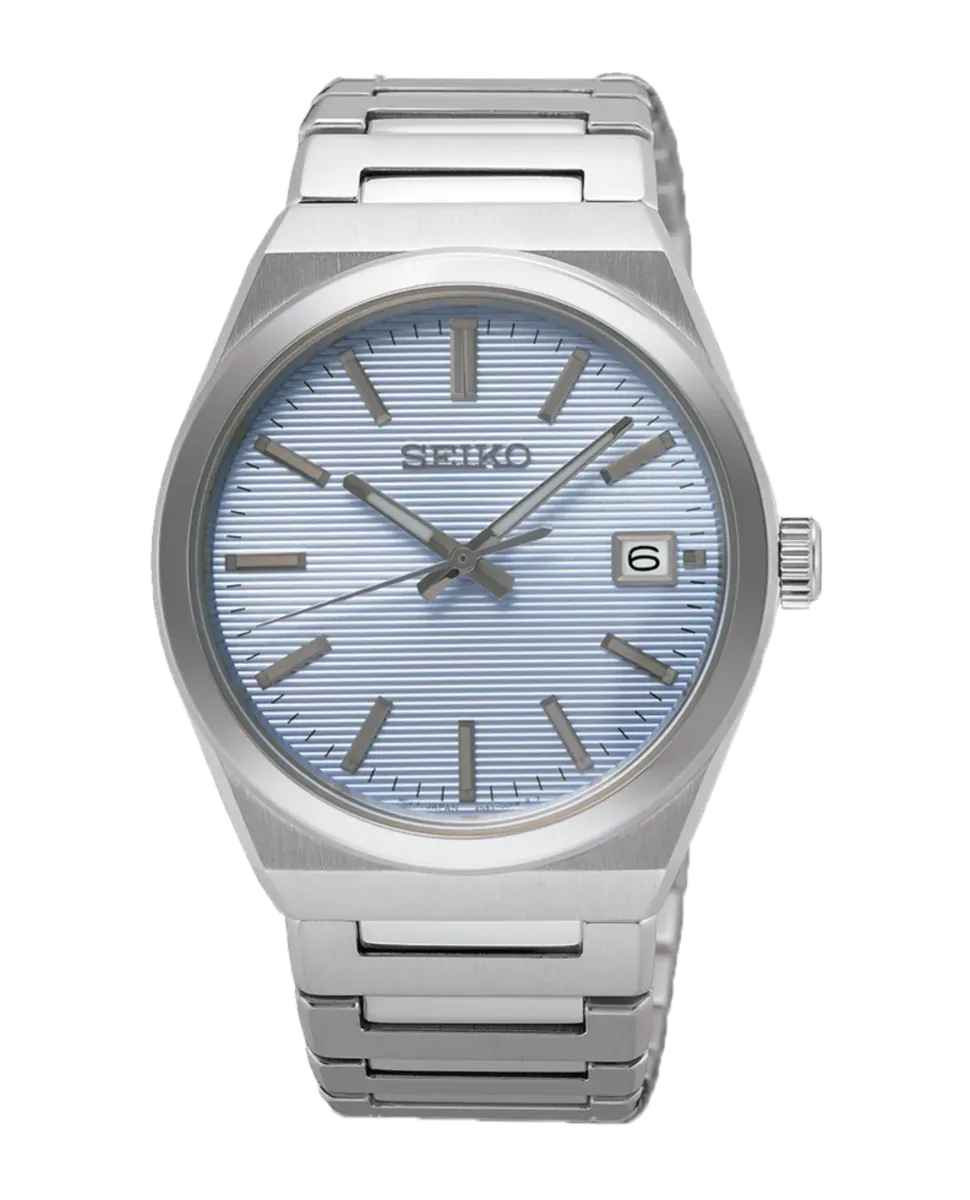 Vista frontal completa del reloj con brazalete de acero y esfera azul sobre fondo blanco