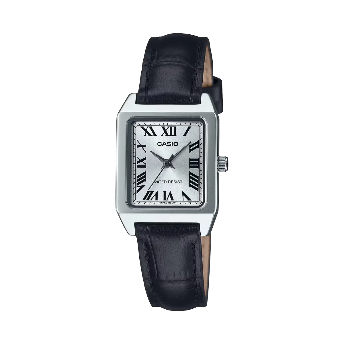 Vista frontal de reloj cuadrado con caja plateada, esfera blanca y correa de piel negra sobre fondo dividido.
