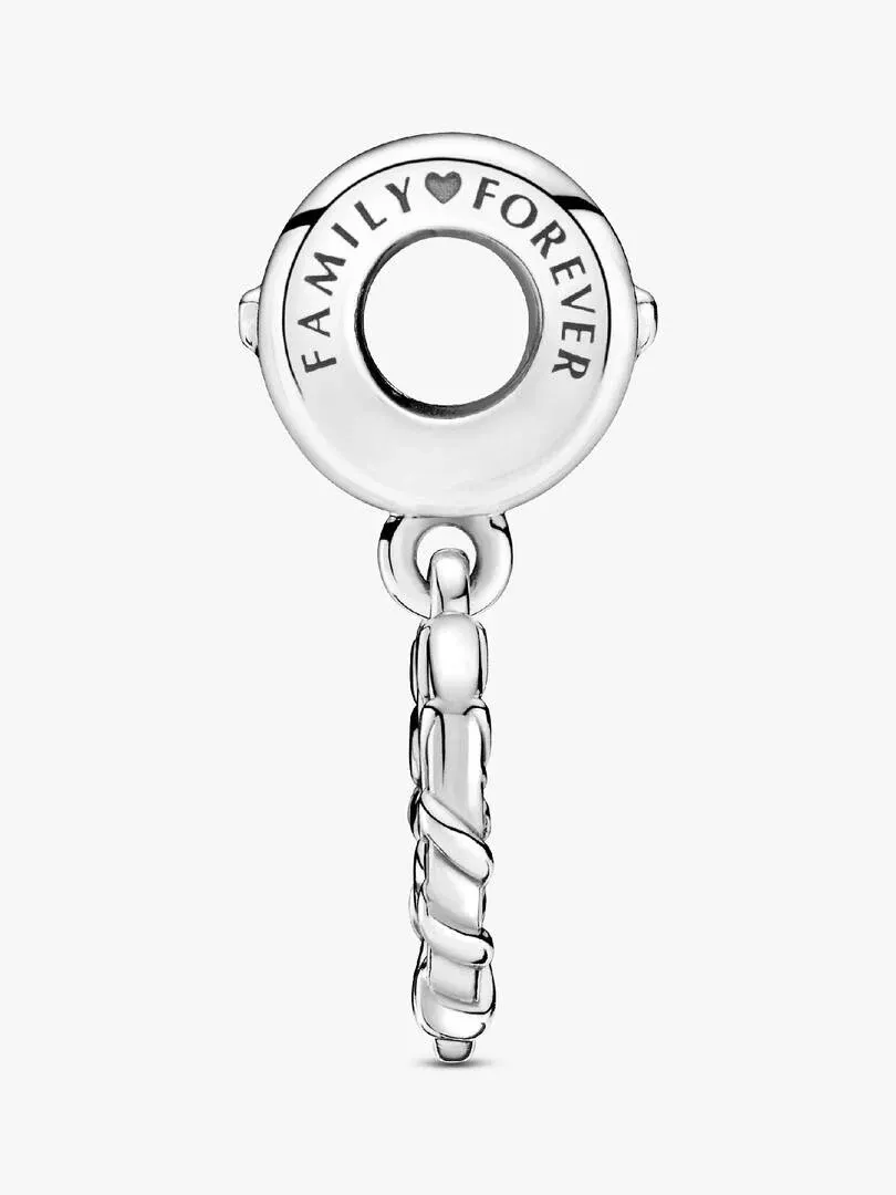 Silver dangle charm with 'Family Forever' engraving, front view on white background.