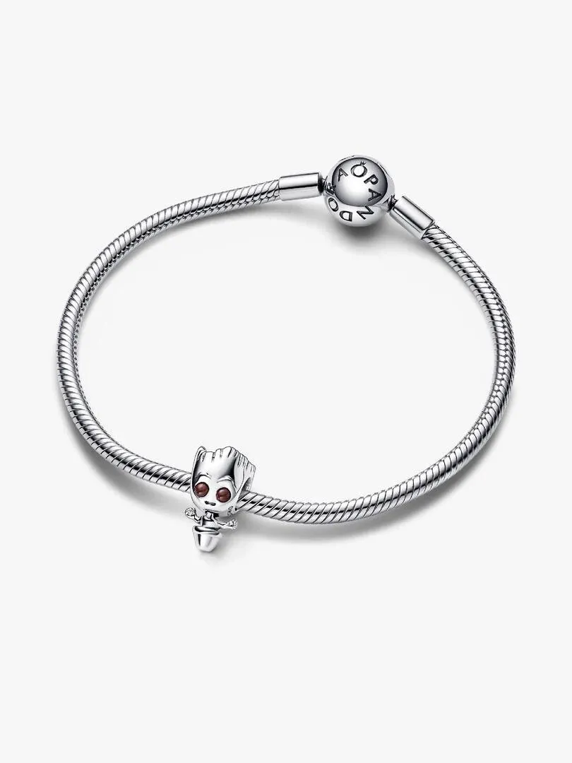 Groot charm aan een zilveren armband, vooraanzicht op een witte achtergrond vanuit een licht hoog standpunt.