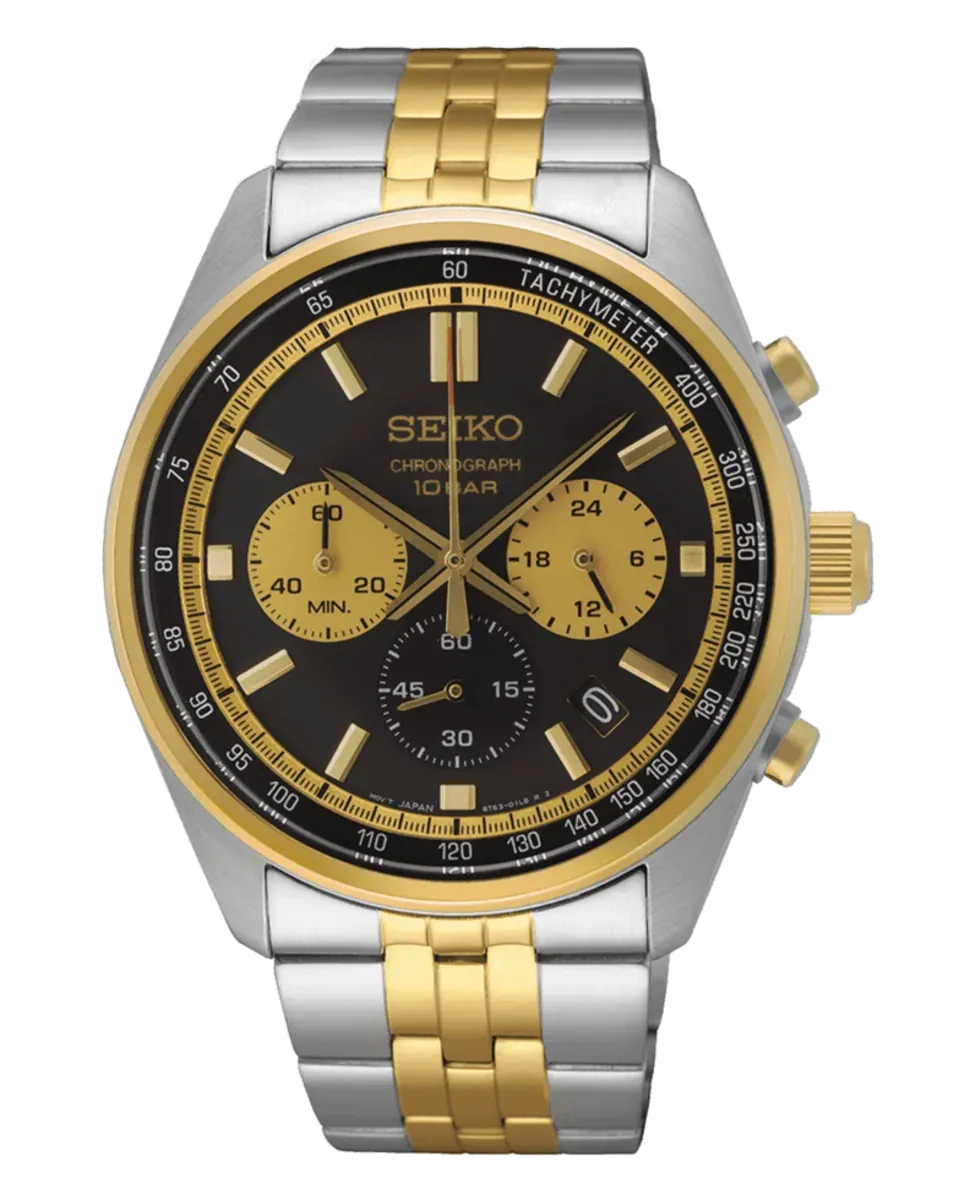 Vista frontal de reloj bicolor con esfera negra y brazalete de acero, centrado sobre fondo blanco.