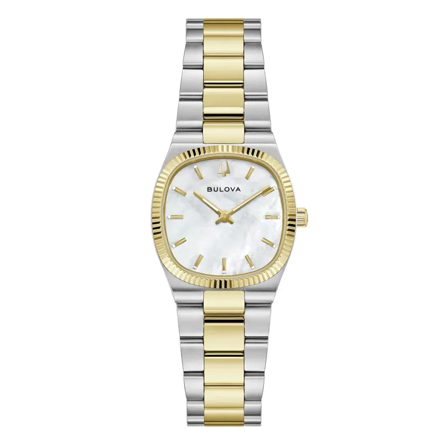 Vista frontal completa del reloj sobre fondo blanco, brazalete bicolor y esfera blanca.