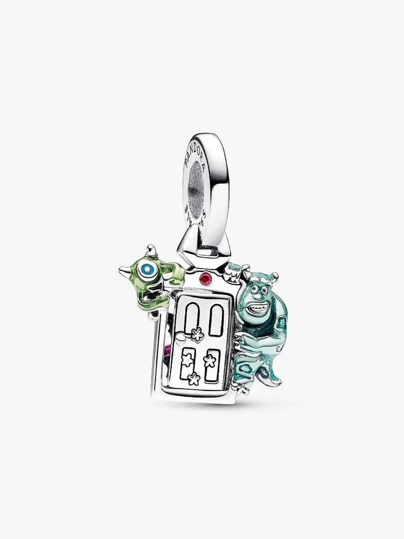 Silver dangle charm with enamel figures on a white background, front view at a slight angle.