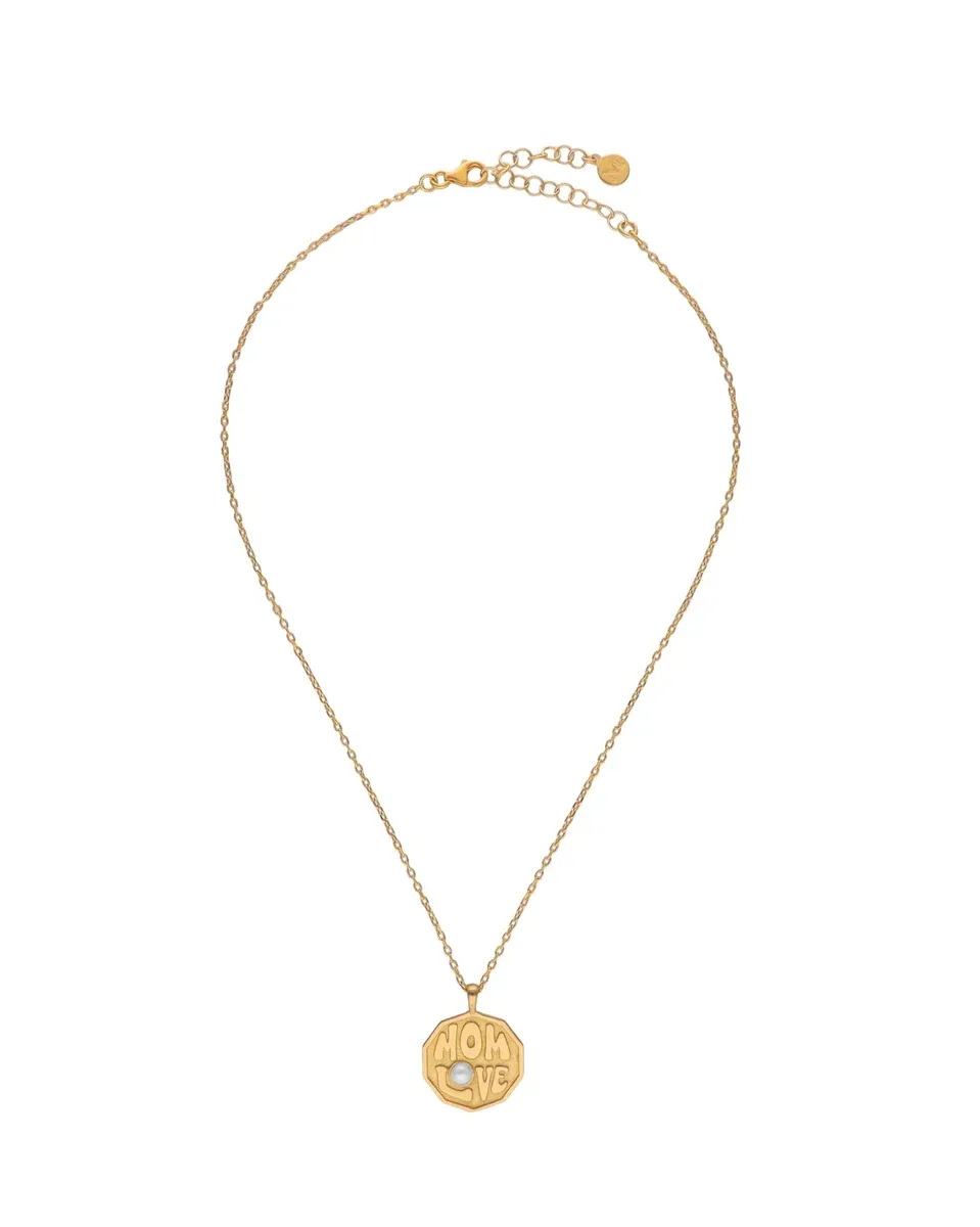Goudkleurige ketting met ronde hanger op een witte achtergrond, volledig vooraanzicht van de ketting en bedeltje.