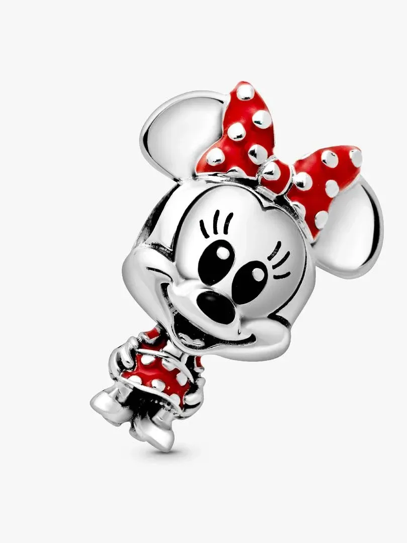 Silver Minnie Mouse charm with red enamel, front view at a slight angle on a white background.