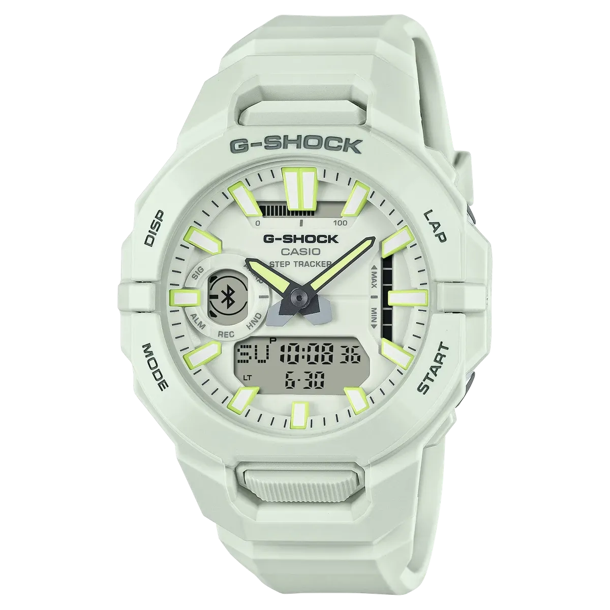 Vista frontal completa del reloj G-Shock blanco sobre fondo blanco.