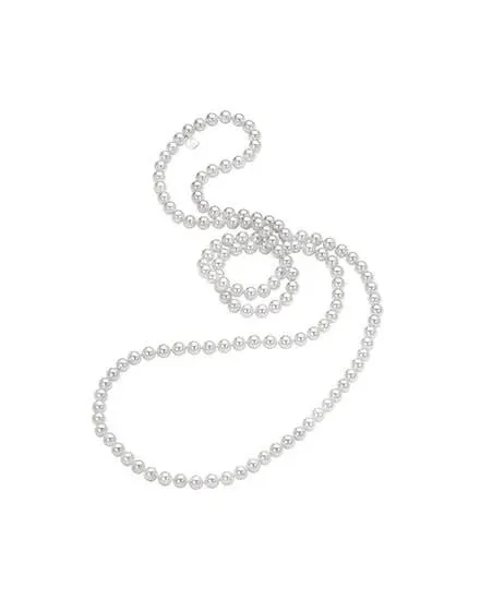 Pearl necklace arranged in an S-shape on a white background, top view.