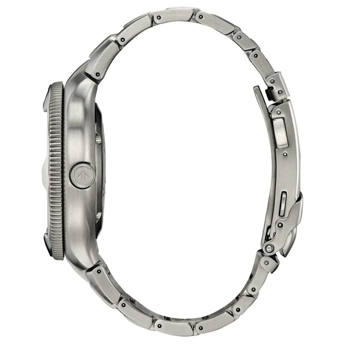 Side view of the watch, highlighting the steel case and full bracelet on a white background.