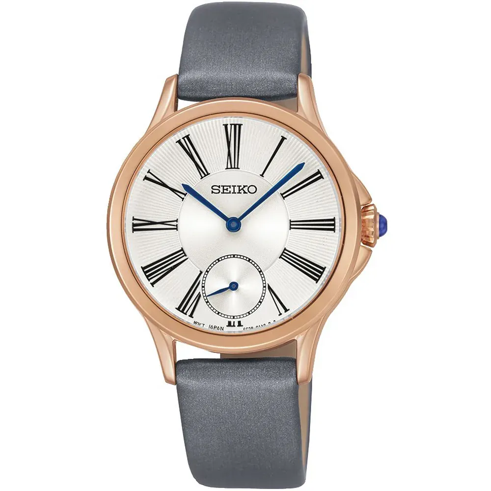 Vista frontal del reloj sobre fondo blanco, encuadre centrado con correa gris y caja oro rosa.