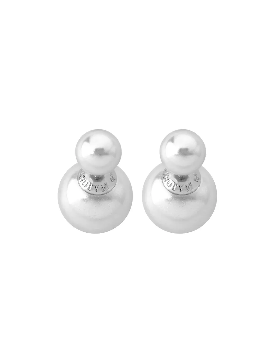 Front view of double pearl earrings on a white background, focusing on the pearlescent texture.