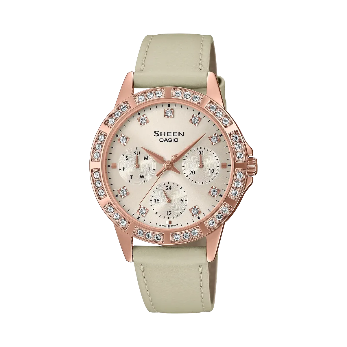 Reloj de pulsera visto de frente sobre fondo blanco, con caja en oro rosa y correa de piel beige.