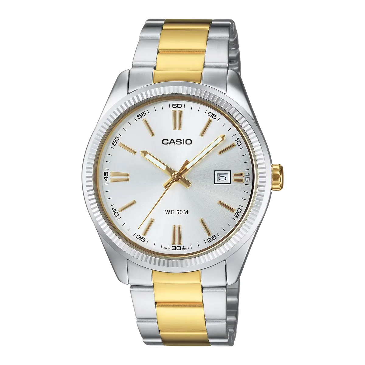 Reloj de pulsera bicolor plata y oro visto frontalmente sobre fondo blanco.
