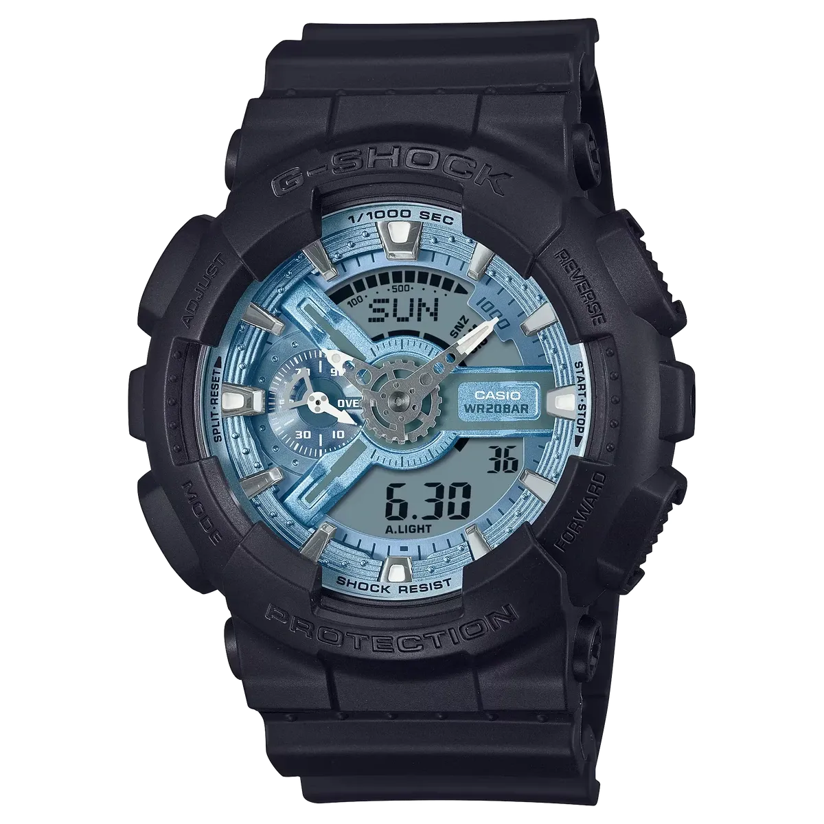 Vista frontal del reloj con caja y correa de resina negra y esfera azul hielo, centrado sobre fondo blanco.