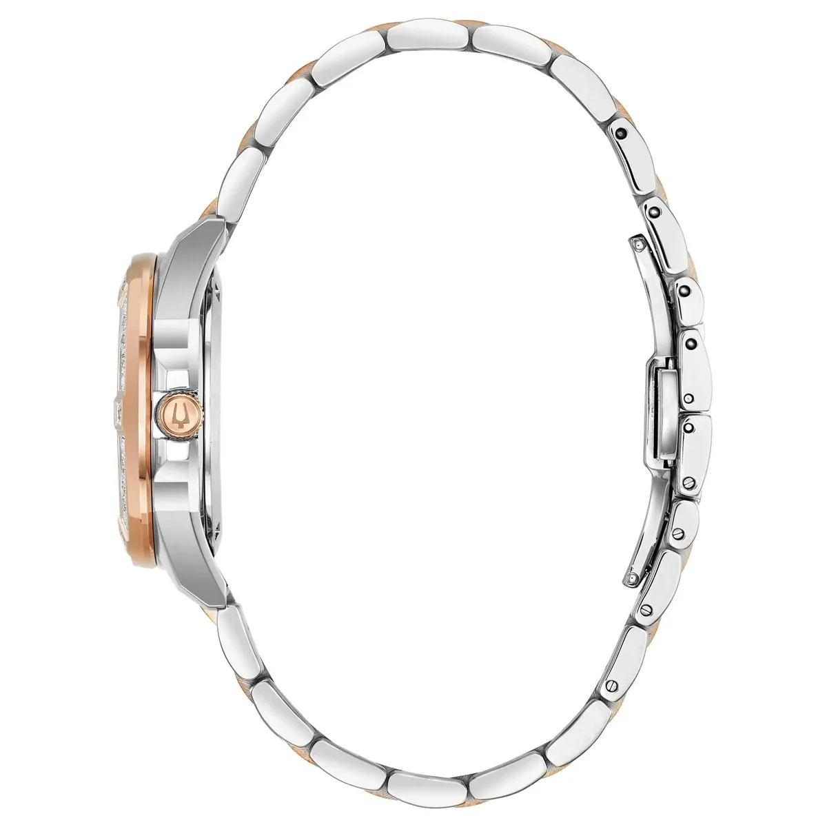 Seitenansicht der Uhr, die die Krone und das zweifarbige Armband auf weißem Hintergrund hervorhebt.