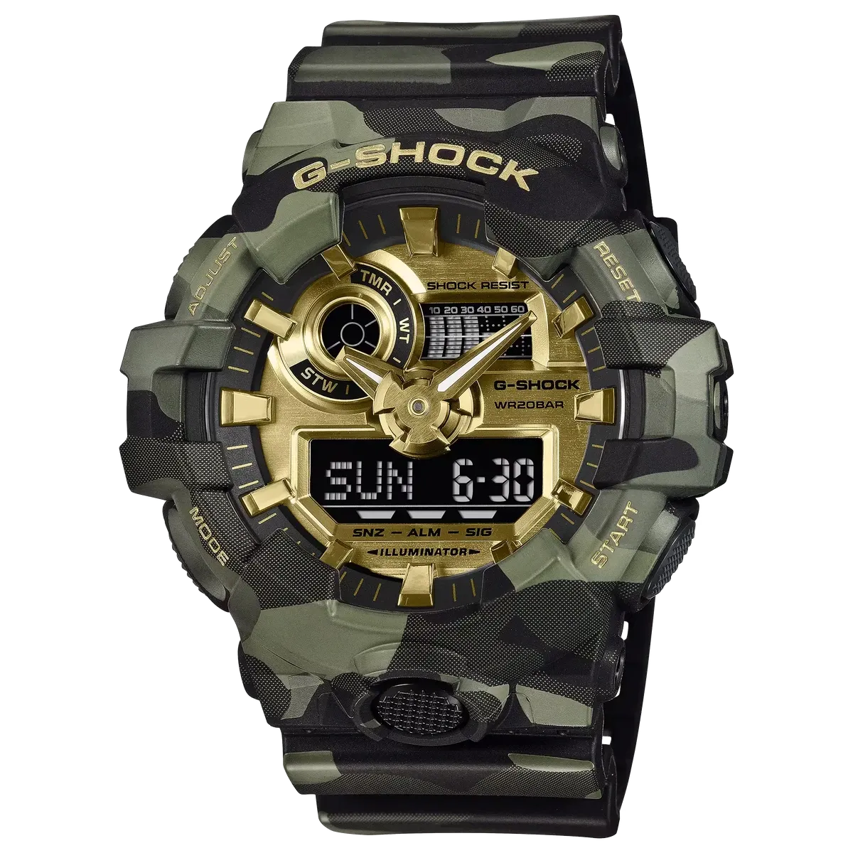 Vista frontal completa del reloj con diseño de camuflaje y detalles dorados sobre fondo blanco.