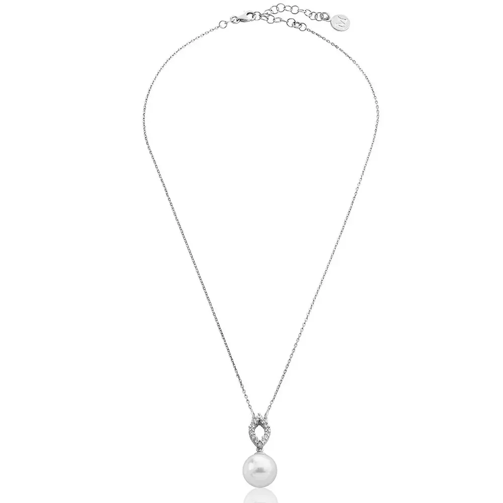 Full front view of pearl and cubic zirconia pendant necklace on a white background.