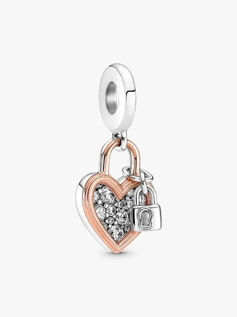 Heart and padlock charm in a side angle view, front shot on a pure white background.