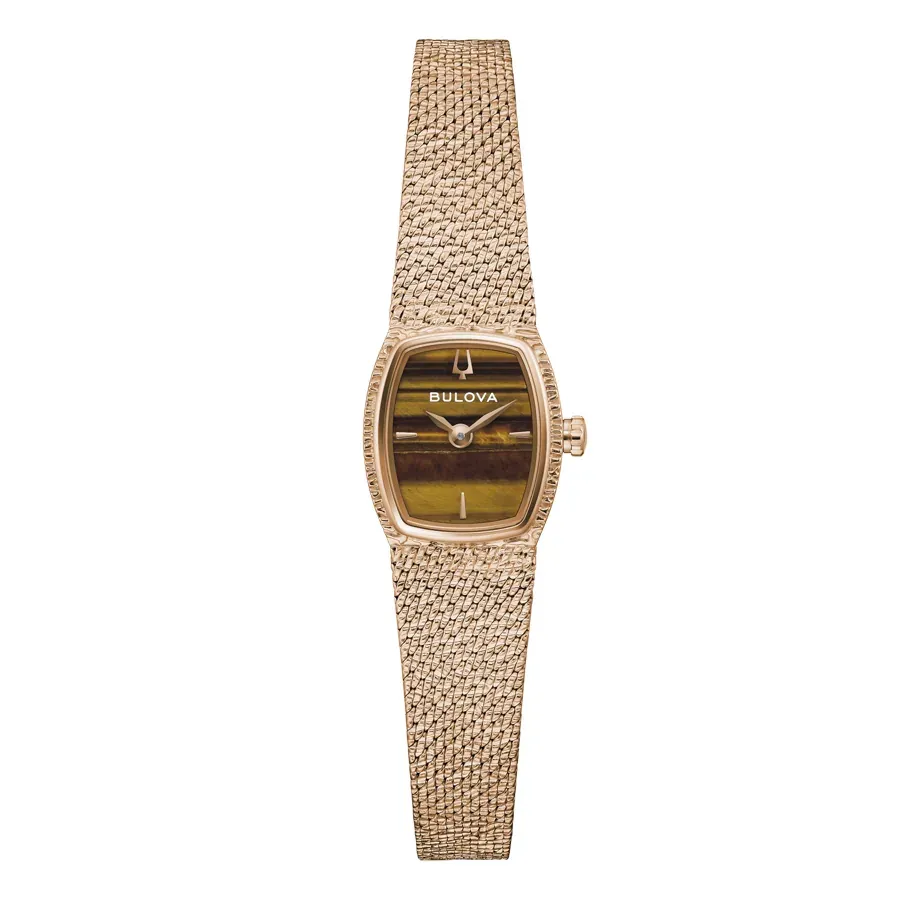 Reloj de mujer con brazalete de malla y esfera marrón, vista frontal completa sobre fondo blanco.