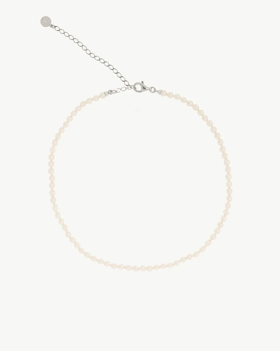 Collar de perlas dispuesto en círculo sobre fondo blanco, vista cenital con detalle del cierre y cadena extensora.