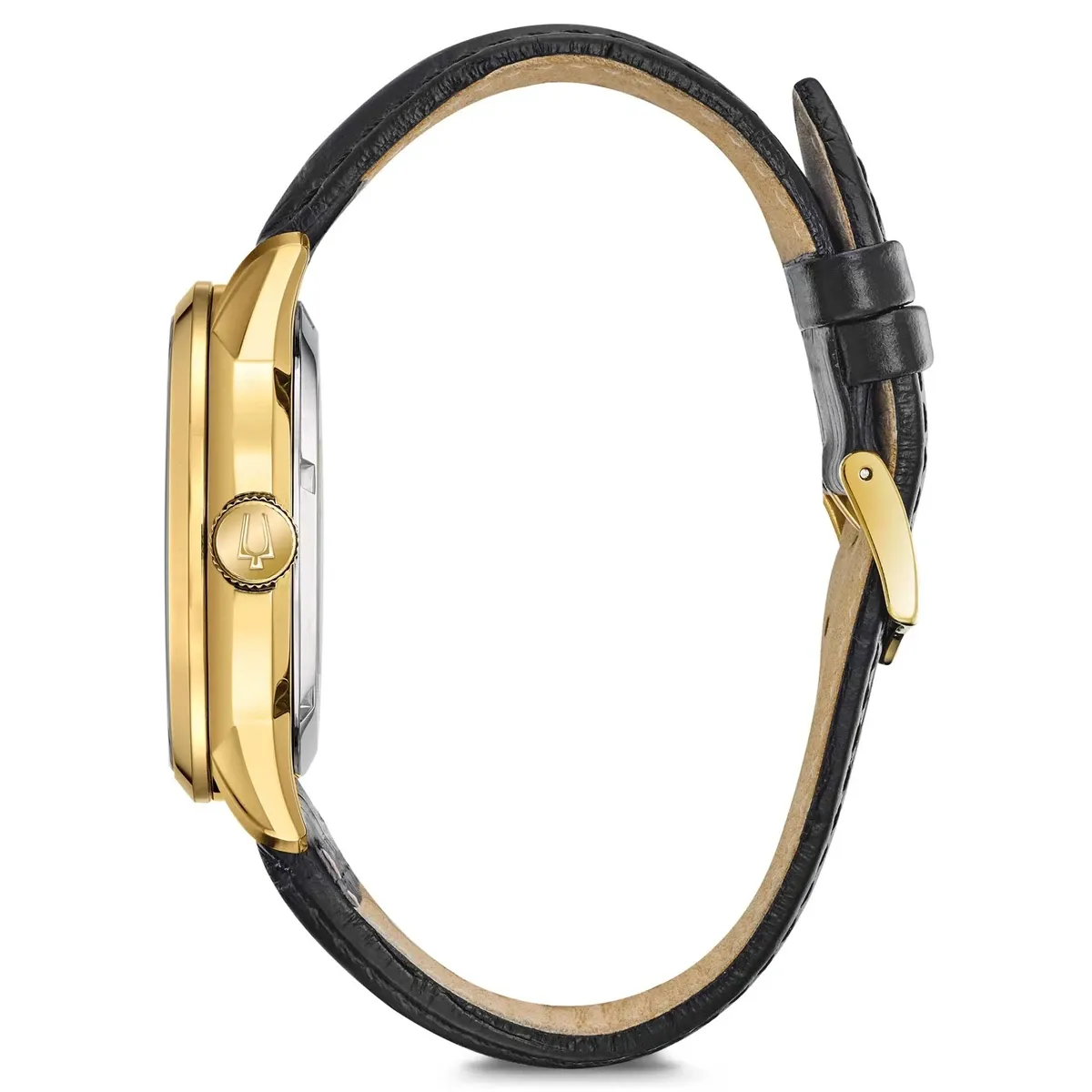 Side view of the watch, gold-plated case and black leather strap, white background.
