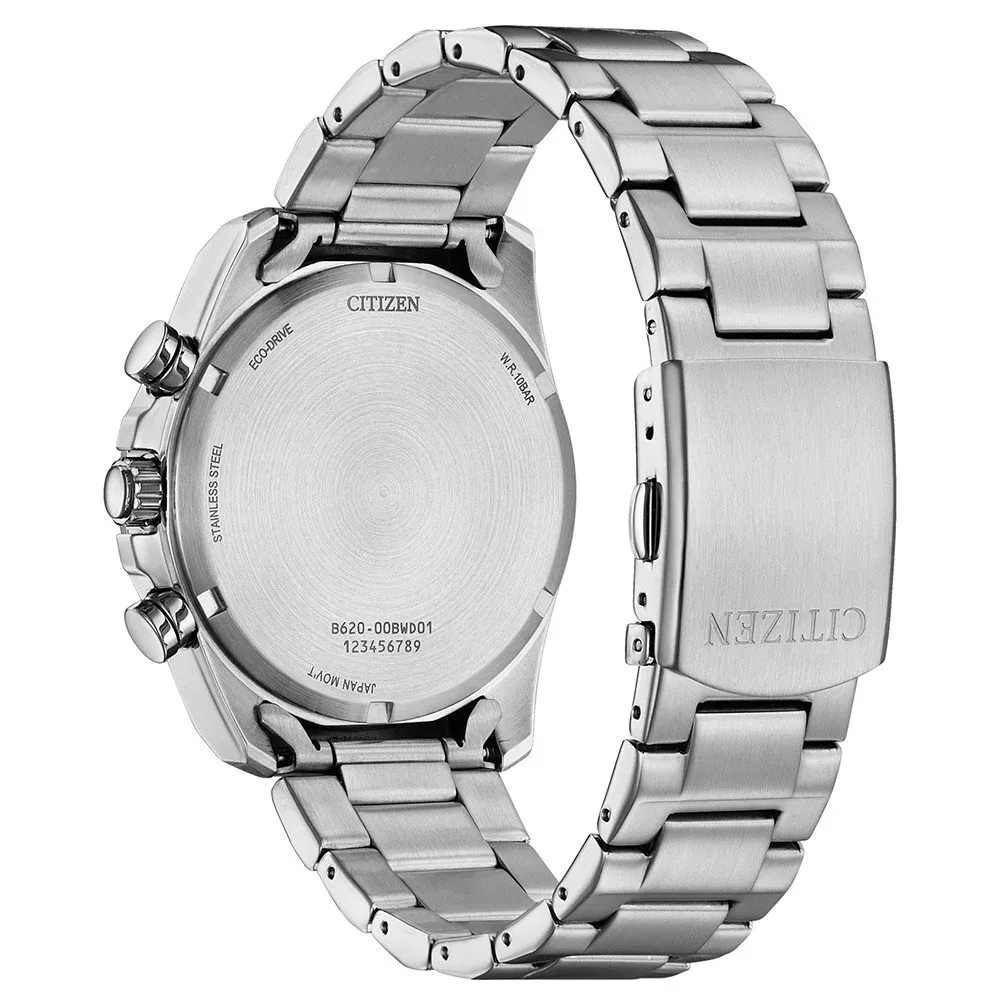 Rear view of the watch, detail of the engraved case back and bracelet clasp on white background