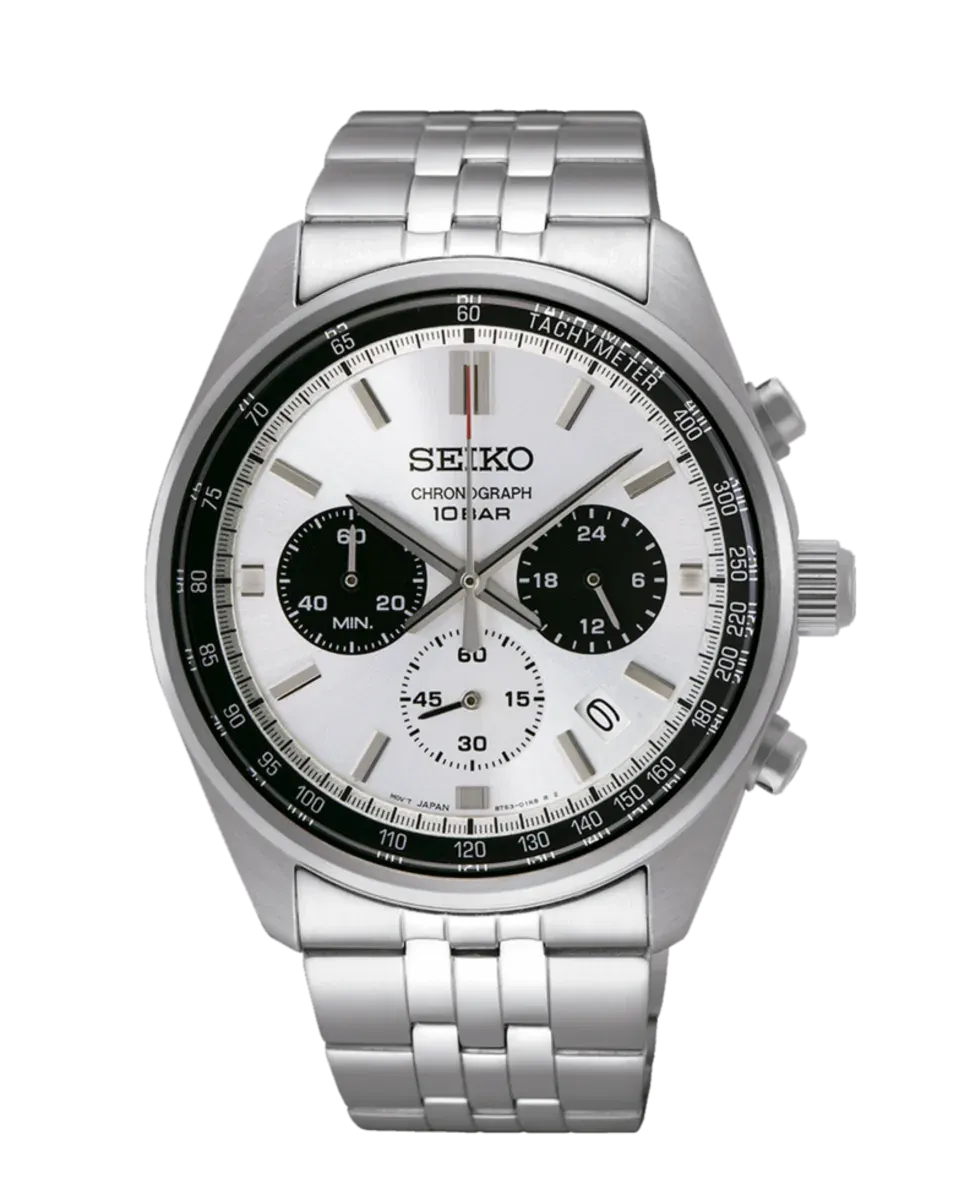 Vista frontal completa del reloj con esfera blanca y brazalete de acero sobre fondo blanco