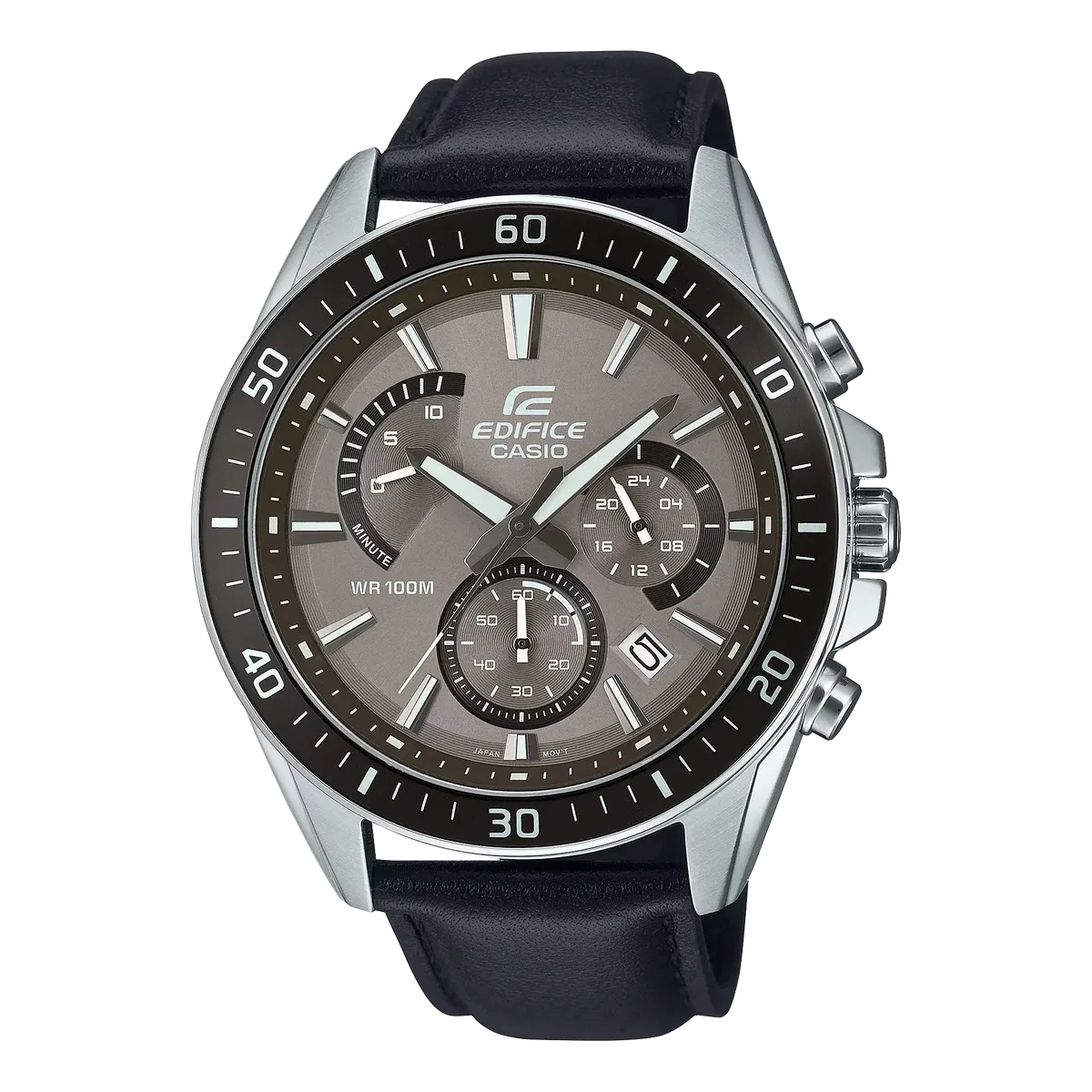 Vista frontal completa del reloj con esfera marrón y correa de piel negra sobre fondo blanco.