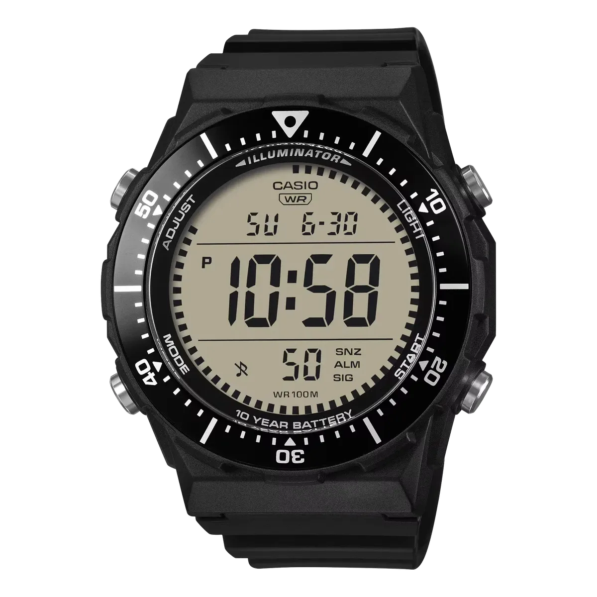 Vista frontal completa del reloj digital negro sobre fondo blanco.