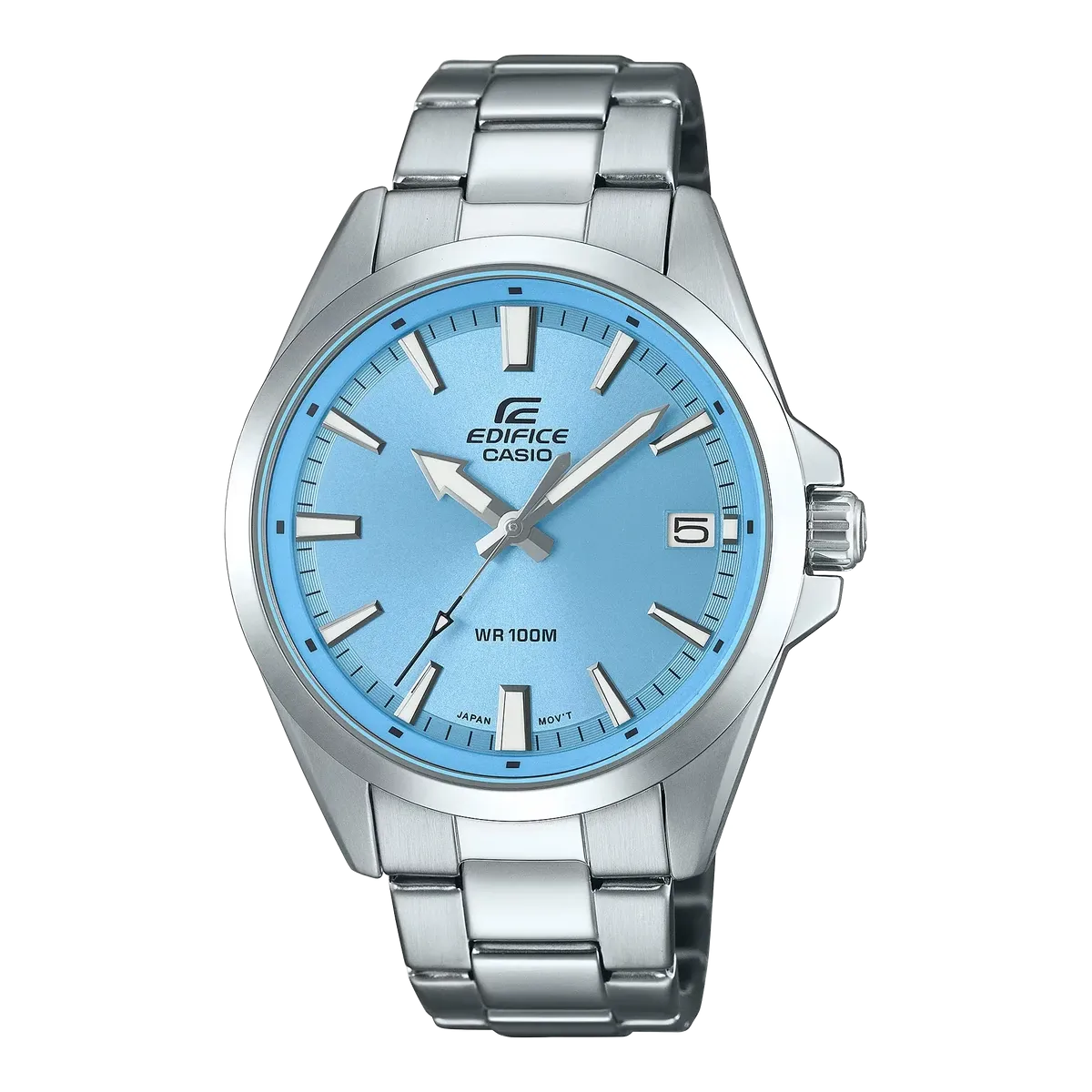 Vista frontal del reloj con esfera azul y brazalete de acero inoxidable sobre fondo blanco.