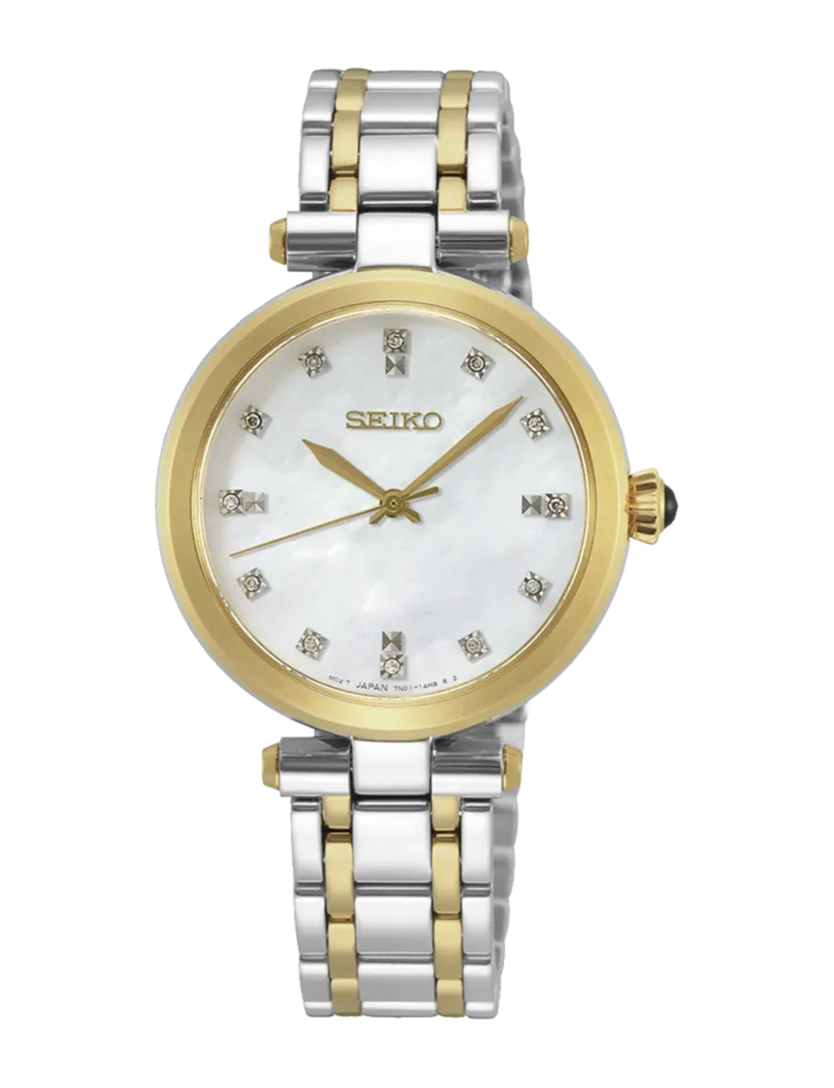 Vista frontal centrada del reloj sobre fondo blanco, destacando la esfera y el brazalete bicolor.