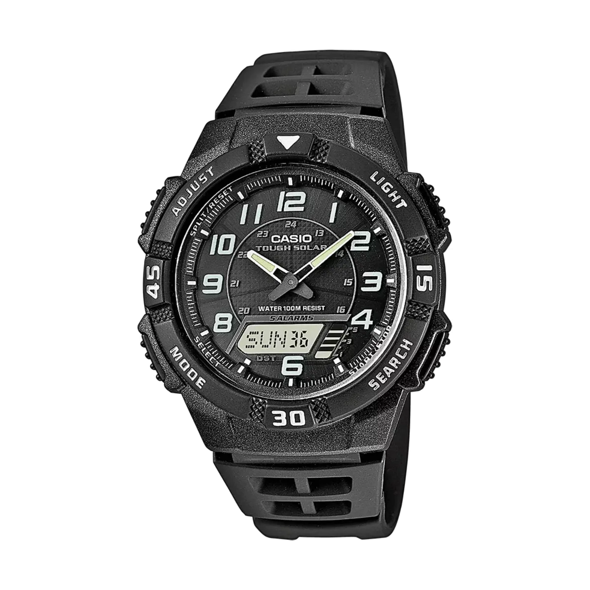 Vista frontal completa del reloj negro sobre fondo negro sólido.