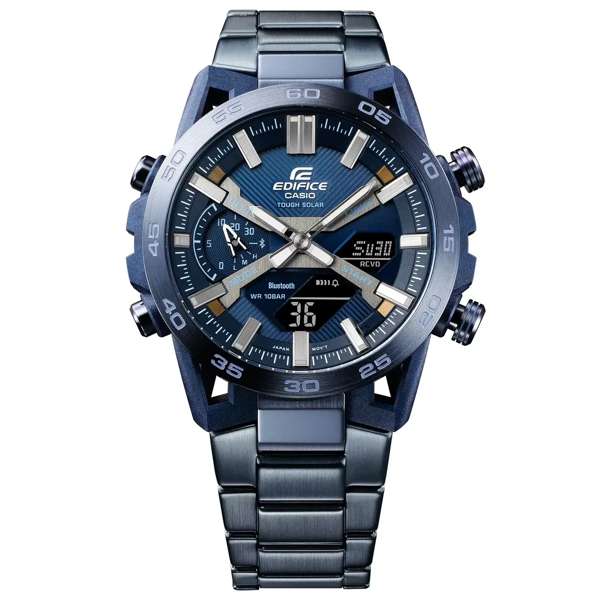 Vista frontal completa del reloj centrado sobre fondo blanco, mostrando la esfera y el brazalete en azul.