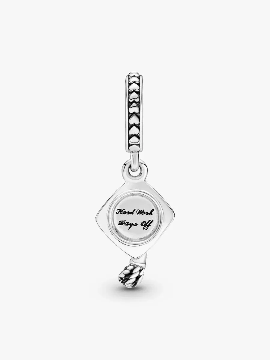 Silver dangling charm with engraved text, front view at a slight angle on a white background.