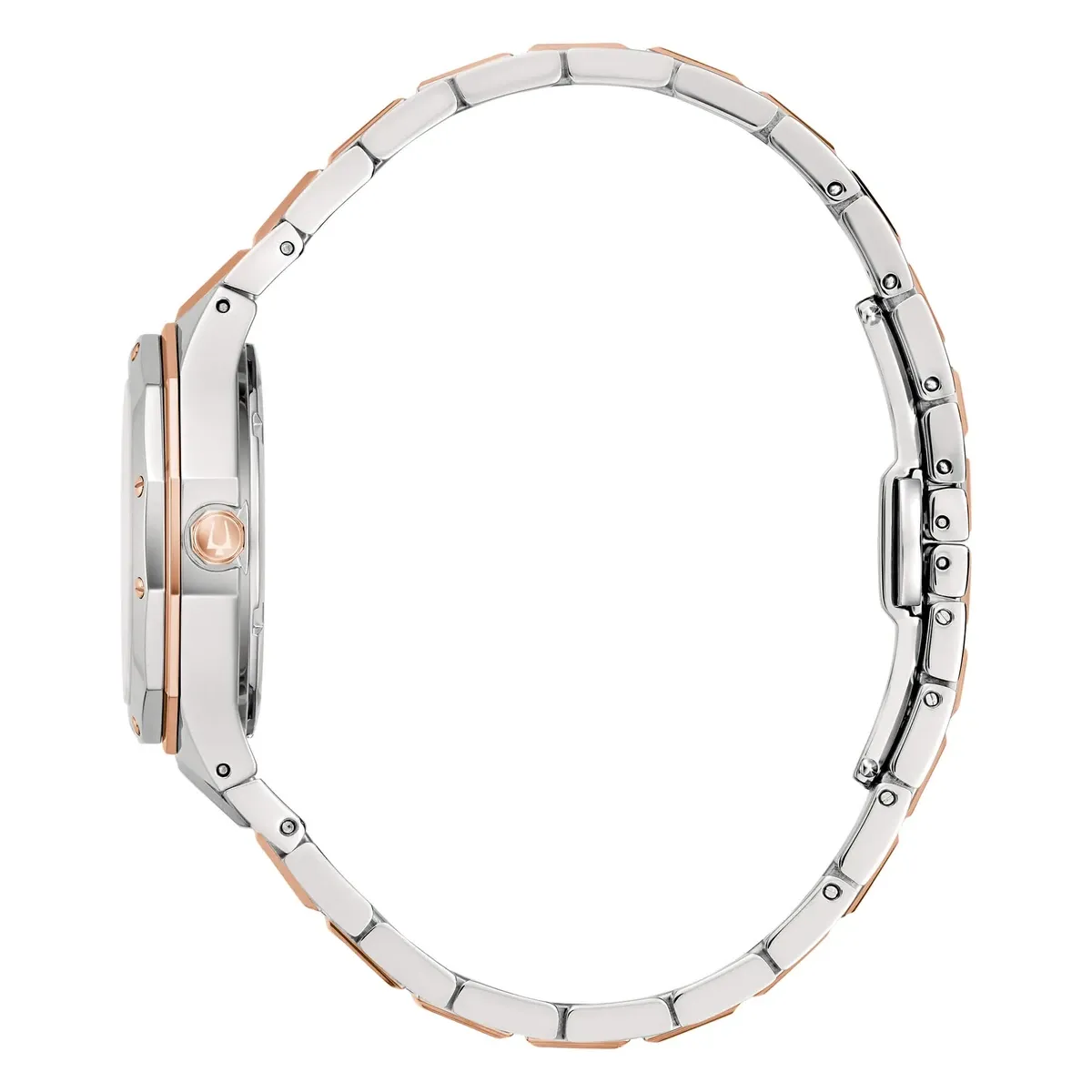 Vue de profil de la montre sur fond blanc, mettant en avant le boîtier octogonal et la courbure du bracelet bicolore.