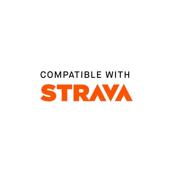 Imagen informativa con el texto 'COMPATIBLE WITH' y el logotipo de Strava en naranja sobre fondo blanco.