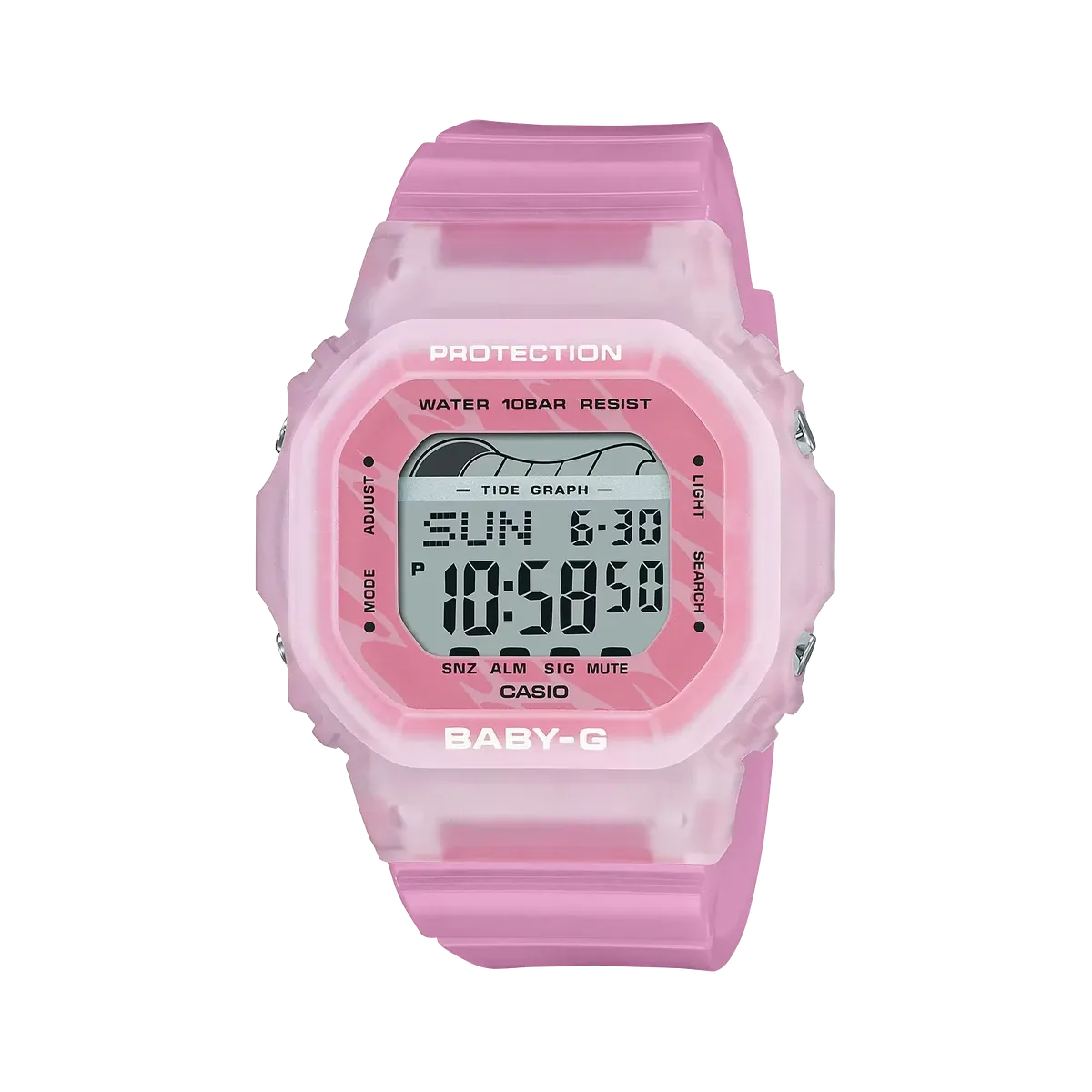 Vista frontal completa de reloj digital rosa sobre fondo blanco.