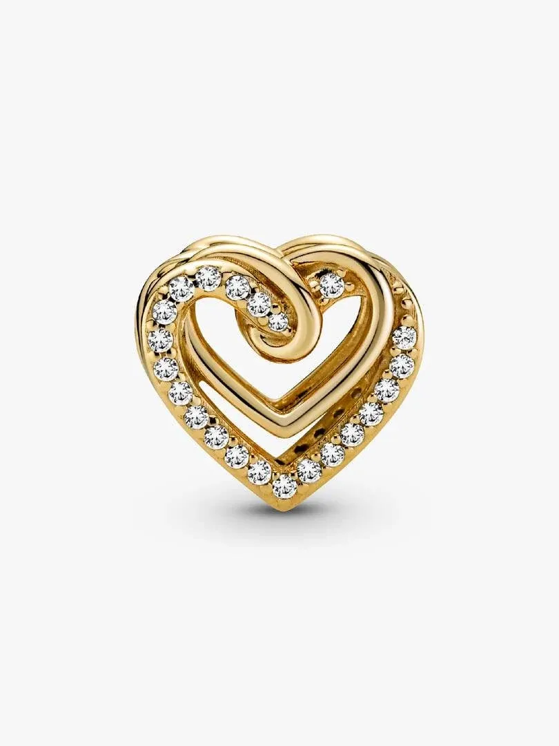 Interlocking heart charm in gold with cubic zirconia, front view on a white background.