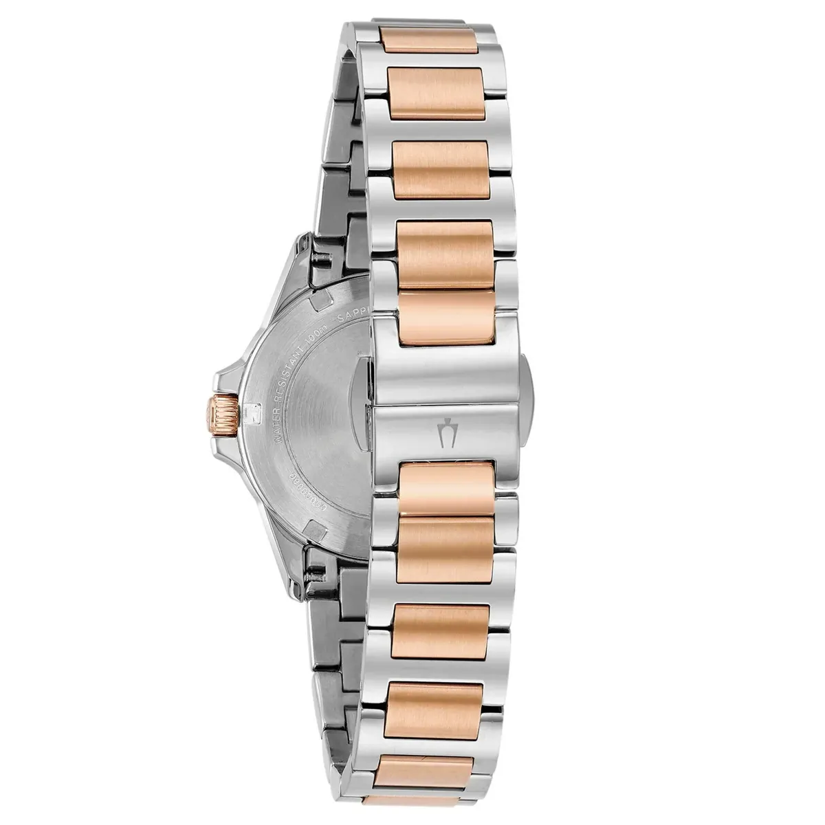 Rückansicht der Uhr auf weißem Hintergrund, die den Gehäuseboden und das zweifarbige Armband hervorhebt.