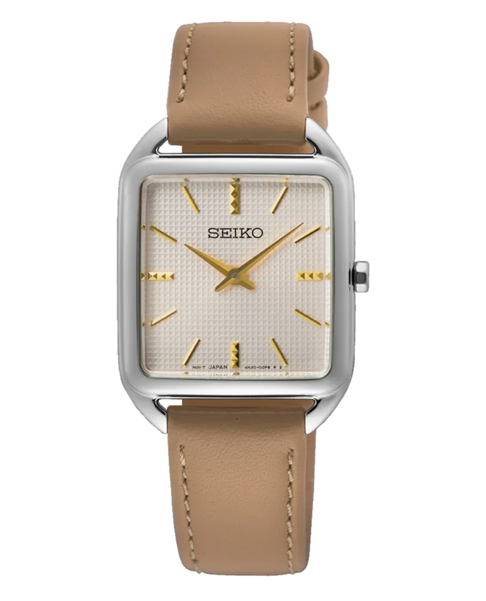 Vista frontal completa de reloj de caja cuadrada y correa beige sobre fondo blanco.