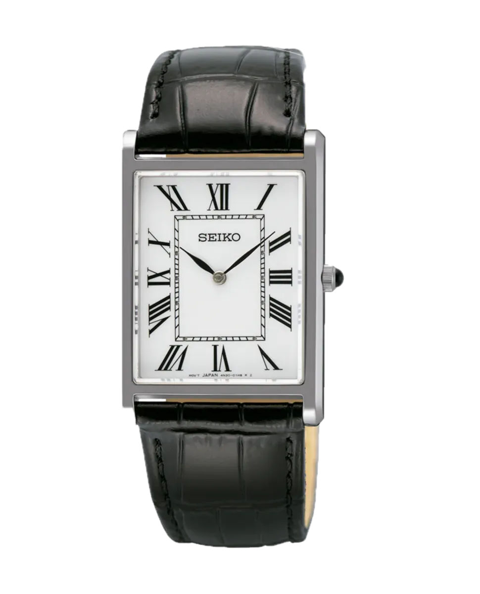Vista frontal completa de reloj rectangular, esfera blanca con números romanos y correa de piel negra, fondo blanco.