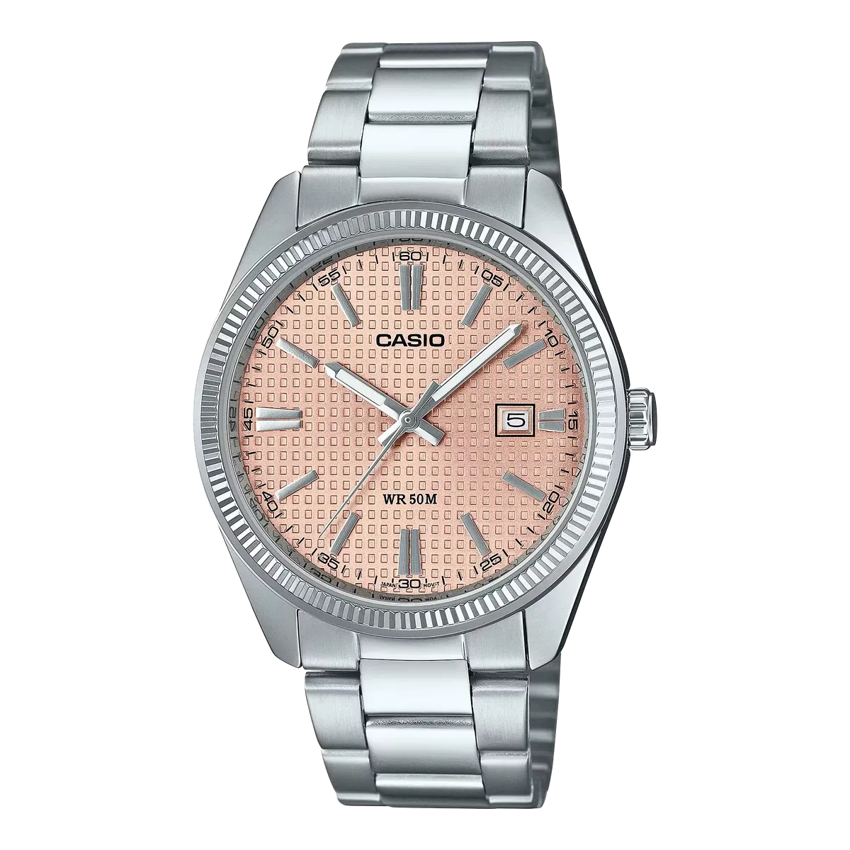Vista frontal de reloj con brazalete de acero inoxidable y esfera rosa texturizada sobre fondo blanco.