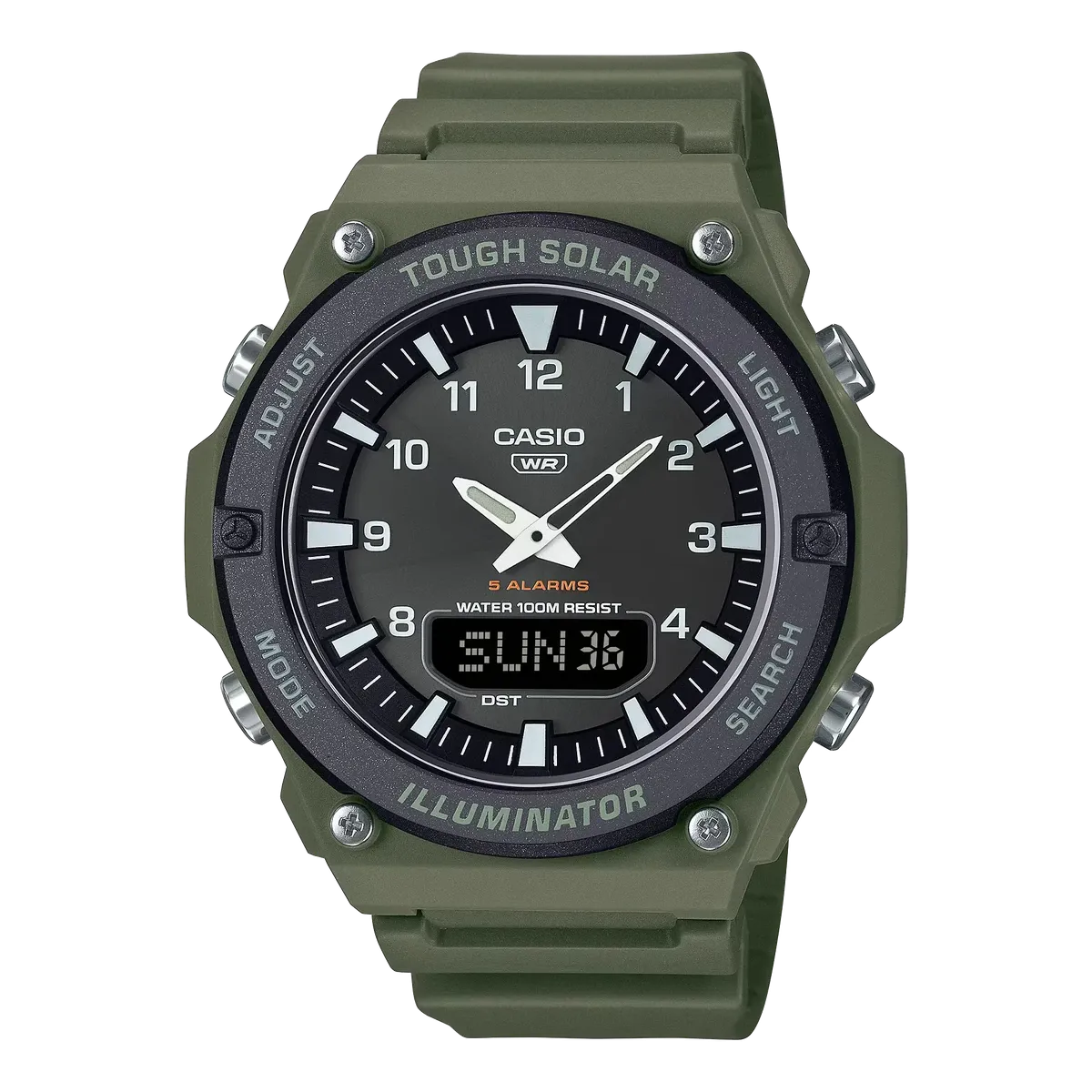 Reloj de resina verde oliva visto de frente sobre fondo blanco, con esfera negra y pantalla digital inferior.