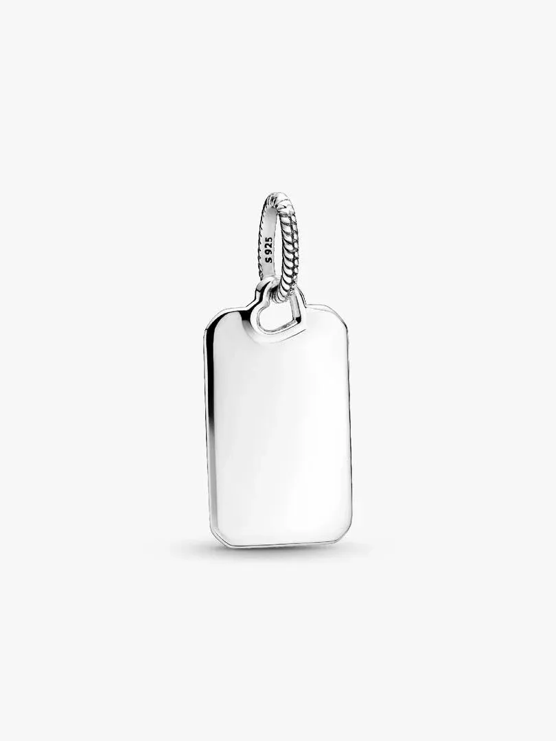 Front view of a silver rectangular pendant on a white background, focusing on the bail and polished surface.