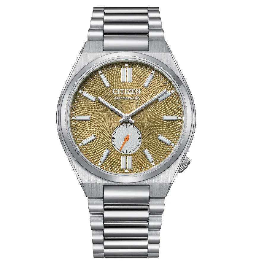 Full front view of the watch with steel bracelet on a white background