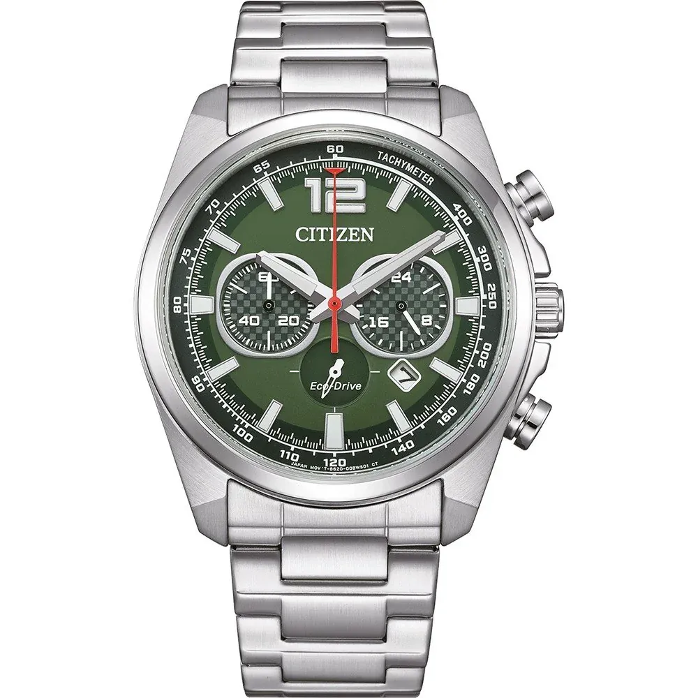 Vista frontal completa del reloj con esfera verde y brazalete de acero plateado sobre fondo blanco