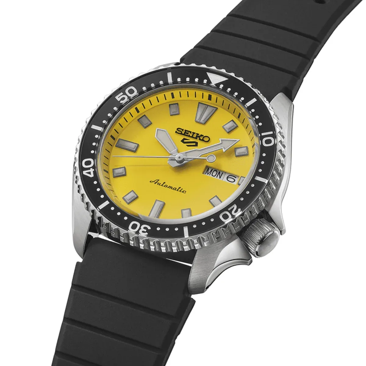 Perspective view of the watch on a white background, highlighting the yellow dial and black silicone strap.